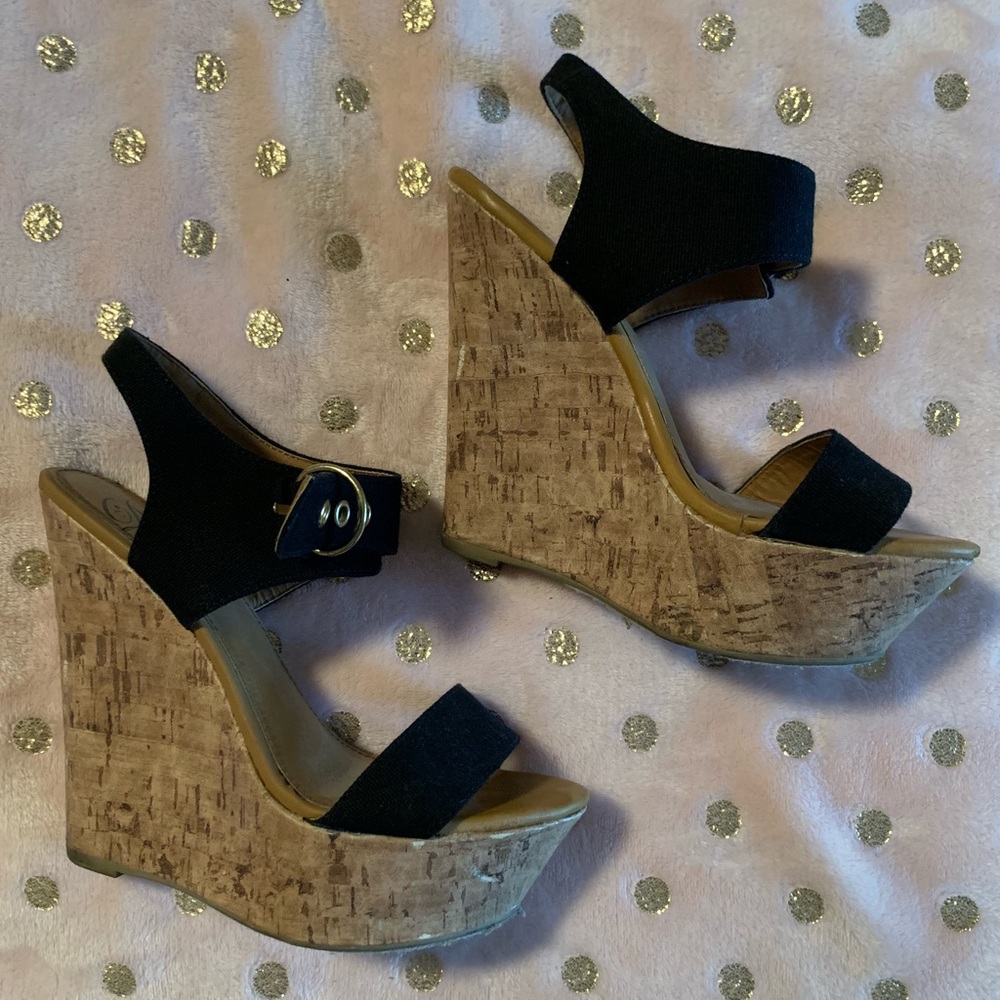 Black and Tan wedge heels with buckle